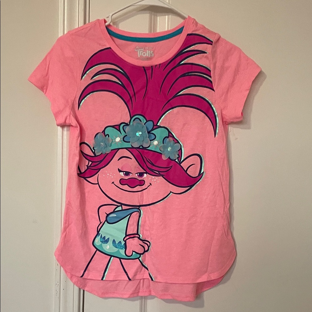 Trolls Pink Tee with Poppy and Blue Floral Accents